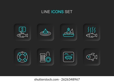 Set line Fish, Winter fishing, Spinning reel for, Lifebuoy, Dead, Fisherman boat, Fishing float water and Price tag icon. Vector