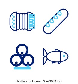 Set line Fish, Wooden barrels, French baguette bread and Accordion icon. Vector
