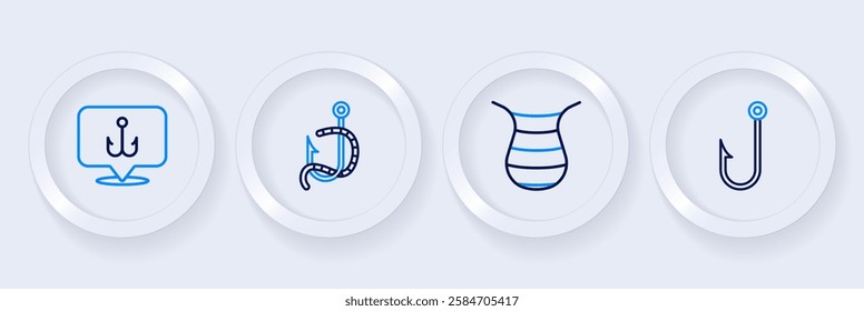 Set line Fisherman, Fishing net, hook and worm and  icon. Vector