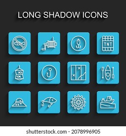 Set line Fisherman hat, Fishing lure, No fishing, Ship steering wheel, boat on water, hook, Kayak or canoe and Folded map icon. Vector