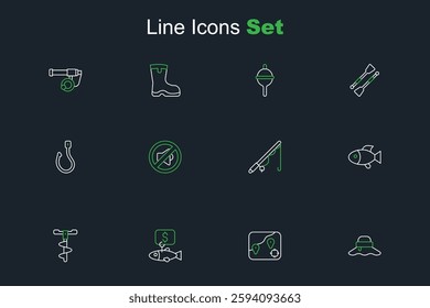 Set line Fisherman hat, Location fishing, Price tag for, Hand drill, Fishing rod, Speaker mute and hook icon. Vector