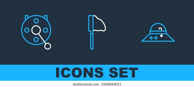 Set line Fisherman hat, Spinning reel for fishing and Fishing net with icon. Vector