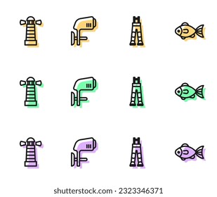 Set line Fisherman pants, Lighthouse, Outboard boat motor and  icon. Vector