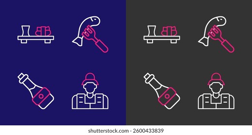 Set line Fisherman, Soy sauce bottle, Served fish on plate and Sushi cutting board icon. Vector