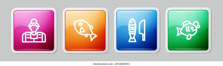 Set line Fisherman, Tropical fish, with sliced pieces and . Colorful square button. Vector