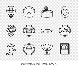 Set line Fishes, Canned fish, Tin can with caviar, Jellyfish on plate, Caviar, Scallop sea shell and Served icon. Vector