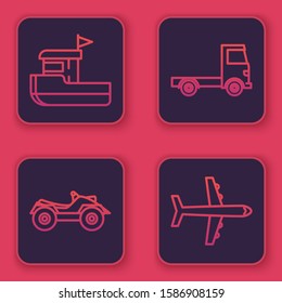 Set line Fishing boat, All Terrain Vehicle or ATV motorcycle, Delivery cargo truck vehicle and Plane. Blue square button. Vector