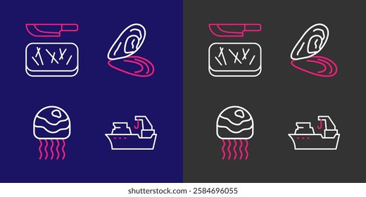 Set line Fishing boat, Jellyfish, Mussel and Cutting board and knife icon. Vector