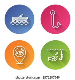 Set line Fishing boat with oars on water, Fishing hook, Location fishing and Fishing hook under water with fish. Color circle button. Vector
