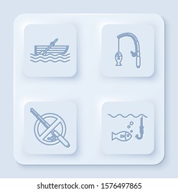 Set line Fishing boat with oars on water, Fishing rod and fish, No fishing and Fishing hook under water with fish. White square button. Vector