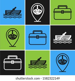 Set line Fishing boat with oars on water, Case or box container for wobbler and gear fishing equipment and Location fishing icon. Vector