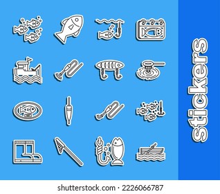 Set line Fishing boat with oars on water, hook under fish, net, line and float, fishing rod,  and lure icon. Vector
