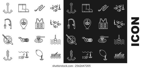 Set line Fishing boat with oars on water, float, hook under fish, line and, Location fishing, rod,  and jacket icon. Vector