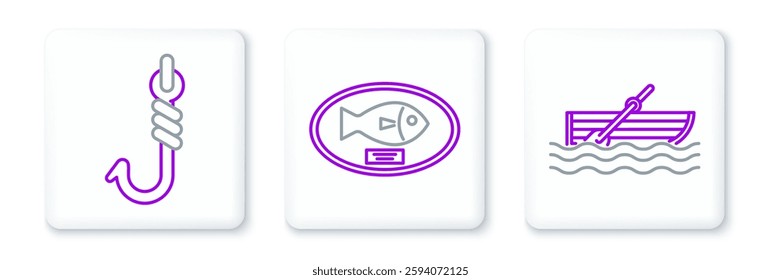 Set line Fishing boat with oars on water, hook and trophy hanging the board icon. Vector