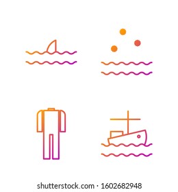 Set line Fishing boat on water, Wetsuit for scuba diving, Shark fin in ocean wave and Cold and waves. Gradient color icons. Vector