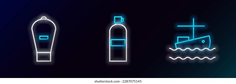 Set line Fishing boat on water, Lift bag and Aqualung icon. Glowing neon. Vector