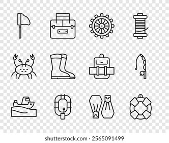 Set line Fishing boat on water, Lifebuoy, Ship steering wheel, Inflatable, net with fish, boots, Rubber flippers for swimming and rod icon. Vector