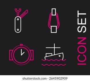Set line Fishing boat on water, Diving watch, Carabiner and Swiss army knife icon. Vector