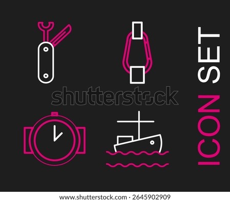 Set line Fishing boat on water, Diving watch, Carabiner and Swiss army knife icon. Vector
