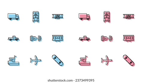 Set line Fishing boat, Plane, Delivery cargo truck vehicle, Skateboard, Formula race, Old city tram, Pickup and Double decker bus icon. Vector