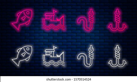 Set line Fishing boat with fishing rod on water, Fishing hook and worm, Fish and Fishing hook. Glowing neon icon on brick wall. Vector