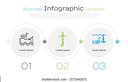 Set line Fishing boat with fishing rod on water, Fishing hook and float and Fishing hook under water with fish. Business infographic template. Vector