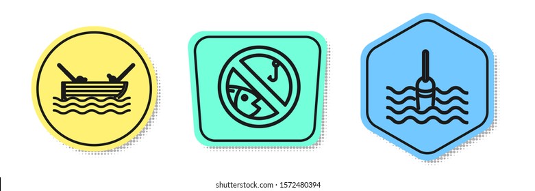 Set line Fishing boat with fishing rod on water, No fishing and Fishing float in water. Colored shapes. Vector