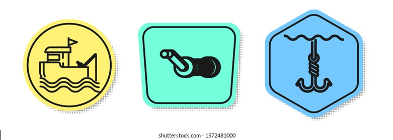 Set line Fishing boat with fishing rod on water, Spinning reel for fishing and Fishing hook under water. Colored shapes. Vector