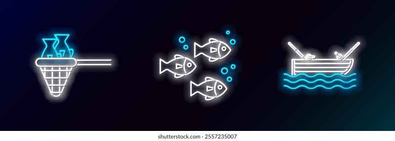 Set line Fishing boat with fishing rod on water, net and  icon. Glowing neon. Vector