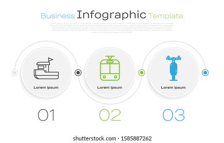 Set line Fishing boat, Tram and railway and Bicycle. Business infographic template. Vector