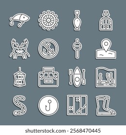 Set line Fishing boots, Aquarium, Location fishing, spoon, No, Crab, lure and float icon. Vector