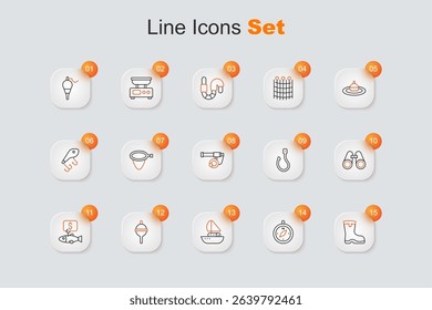 Set line Fishing boots, Compass, Yacht sailboat, float, Price tag for fish, Binoculars, hook and rod icon. Vector