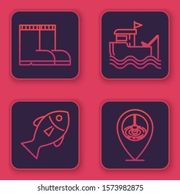 Set line Fishing boots, Fish, Fishing boat with fishing rod on water and Location fishing. Blue square button. Vector