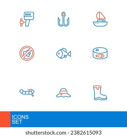 Set line Fishing boots, Fisherman hat, Inflatable boat with motor, Canned fish, Speaker mute, Yacht sailboat and hook icon. Vector
