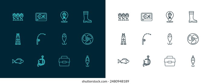 Set line Fishing boots, hook and worm, lure, Case box for fishing, rod, Location, Dried and finder echo sounder icon. Vector