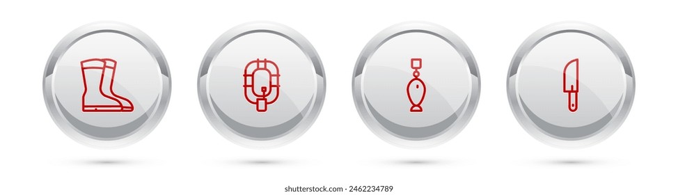 Set line Fishing boots, Inflatable boat, spoon and Knife. Silver circle button. Vector