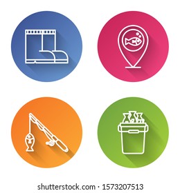 Set line Fishing boots, Location fishing, Fishing rod and fish and Fishing bucket with fishes. Color circle button. Vector