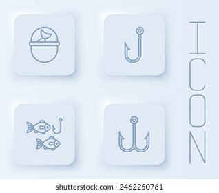 Set line Fishing bucket with fish, hook,  and . White square button. Vector