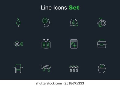 Set line Fishing bucket with fish, Case or box for fishing equipment, lure, Camping folding chair, Served on plate, jacket and  icon. Vector