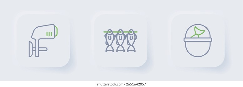 Set line Fishing bucket with fish, Case or box for fishing equipment and Outboard boat motor icon. Vector