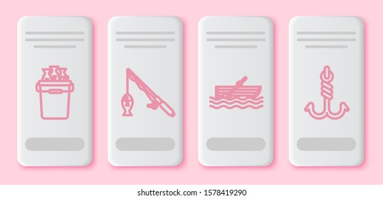 Set line Fishing bucket with fishes, Fishing rod and fish, Fishing boat with oars on water and Fishing hook. White rectangle button. Vector