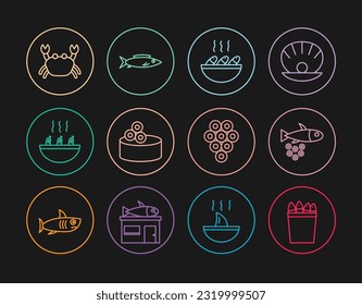 Set line Fishing bucket with fishes, caviar, soup, Tin can, Soup shrimps, Crab, Caviar and  icon. Vector