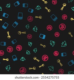 Set line Fishing bucket with fishes, , Sushi and Caviar on a plate on seamless pattern. Vector