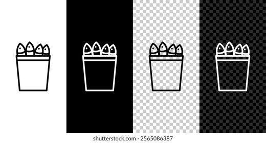 Set line Fishing bucket with fishes icon isolated on black and white background. Fish in a bucket.  Vector