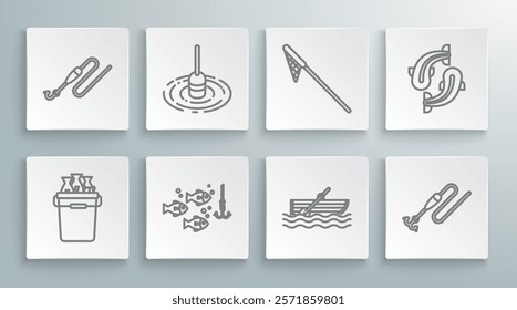 Set line Fishing bucket with fishes, float water, hook under, boat oars on, line and, net,  and  icon. Vector