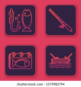Set line Fishing, Calendar with a fish, Fishing rod and Fishing boat with fishing rod on water. Blue square button. Vector
