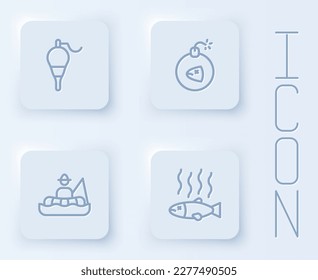 Set line Fishing float, Bomb, Fisherman boat and Dead fish. White square button. Vector