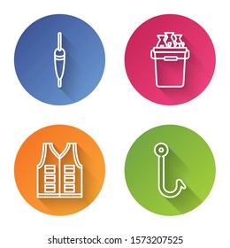 Set line Fishing float, Fishing bucket with fishes, Fishing jacket and Fishing hook. Color circle button. Vector