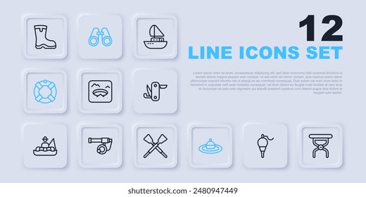 Set line Fishing float, Camping folding chair, Winter fishing, water, Lifebuoy, rod, Binoculars and Crossed oars or paddles boat icon. Vector