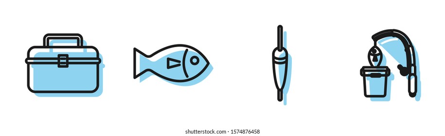 Set line Fishing float, Case or box container for wobbler and gear fishing equipment, Fish and Fishing rod and fish icon. Vector